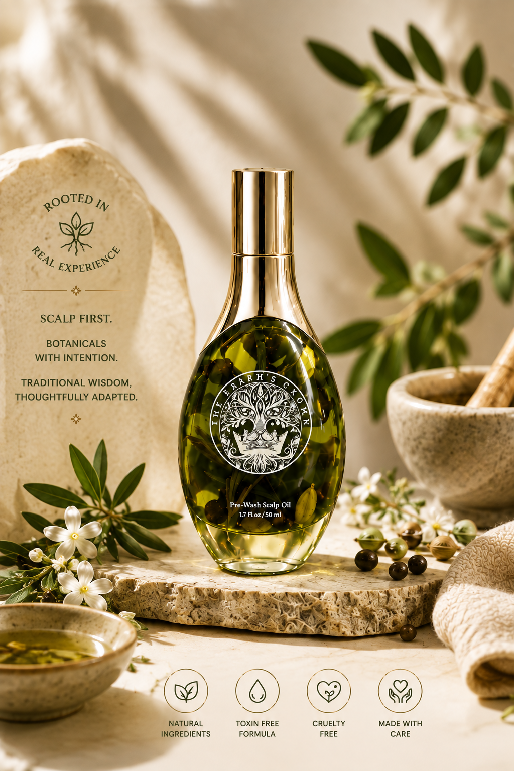 Botanical Scalp Ritual Elixir bottle surrounded by rosemary, peppermint and lavender