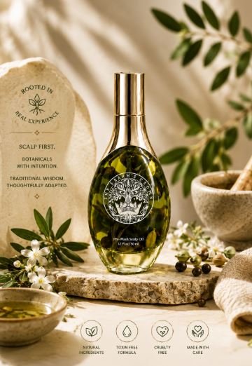 Botanical Scalp Ritual Elixir bottle surrounded by rosemary, peppermint and lavender